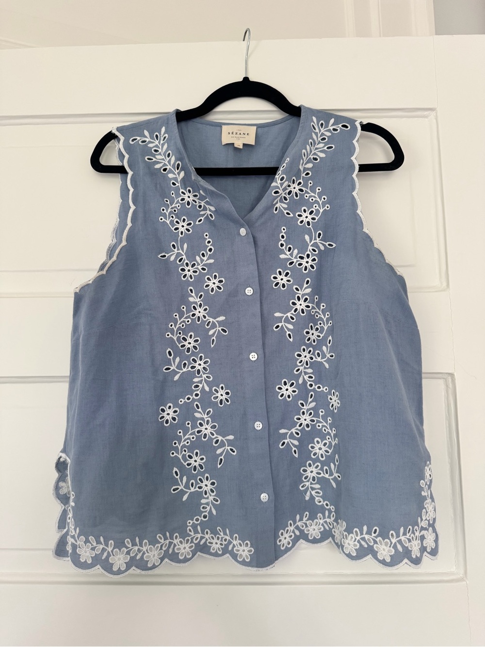 Sezane Isea Shirt Vintage Blue with ecru embroidery Size 10 (42)